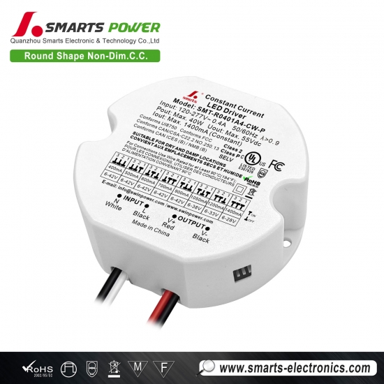 meilleur Alimentation pour pilote LED rond à courant constant réglable de 40 W 400-1400 mA pour intérieur
